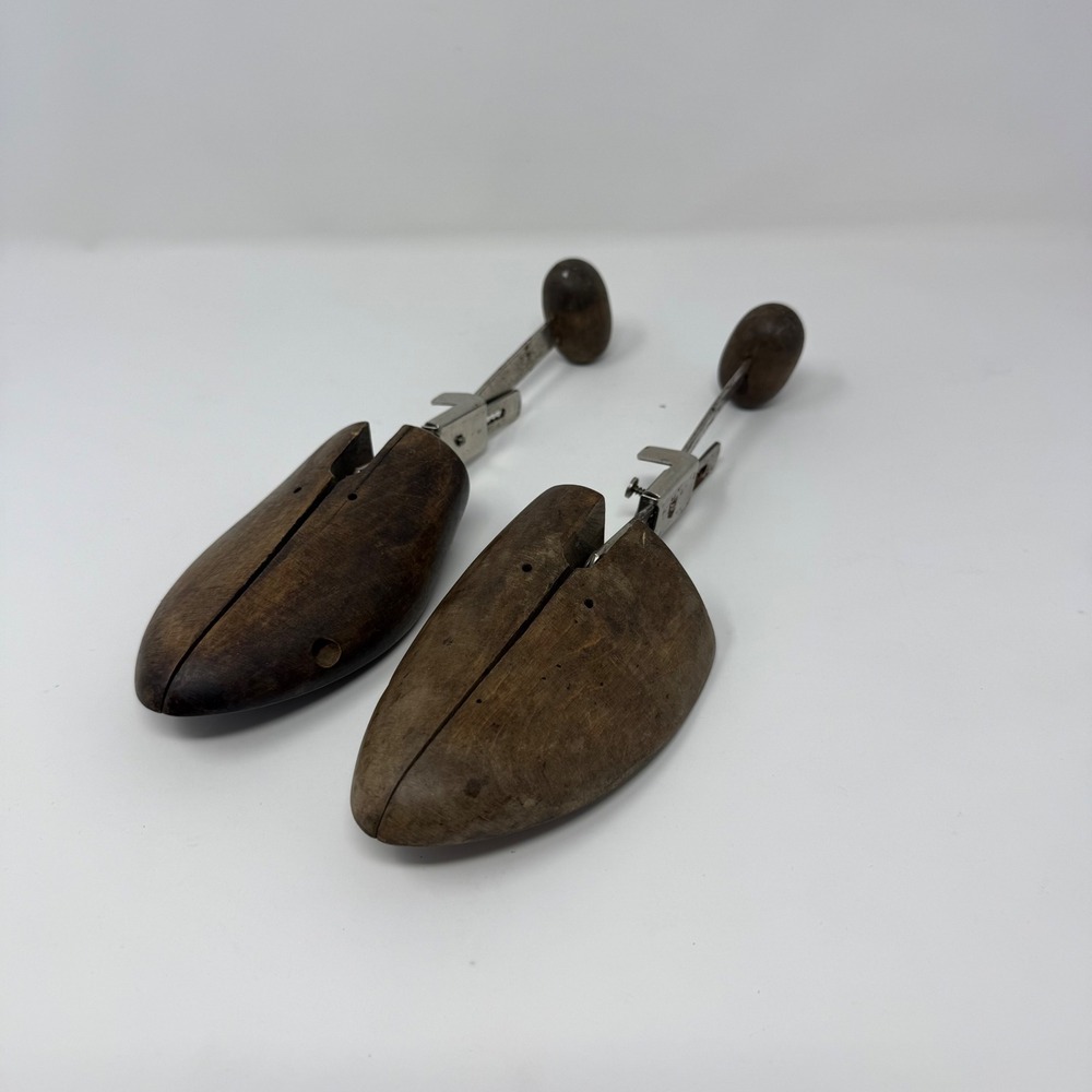 Vintage Wooden Adjustable Shoe Trees Split Toe Metal Hardware Antique Pair